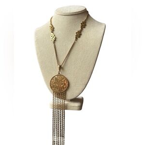 Vintage 70s Gold Plated Medallion & Snake Tassel Necklace